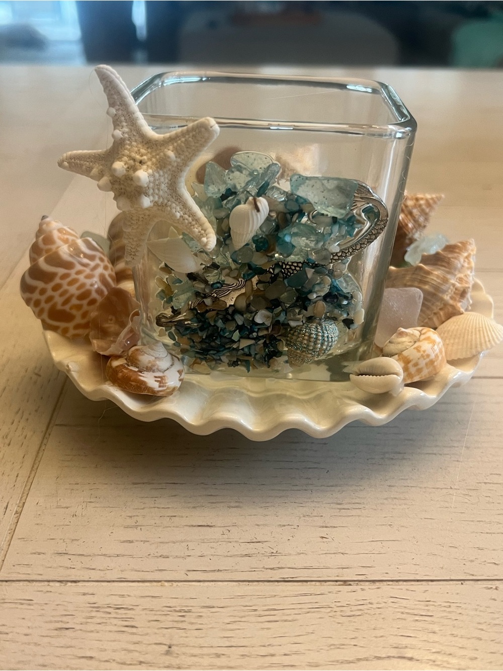 White Shell Dish with Decorative Coastal Themed Tea Light Holder and Seashells